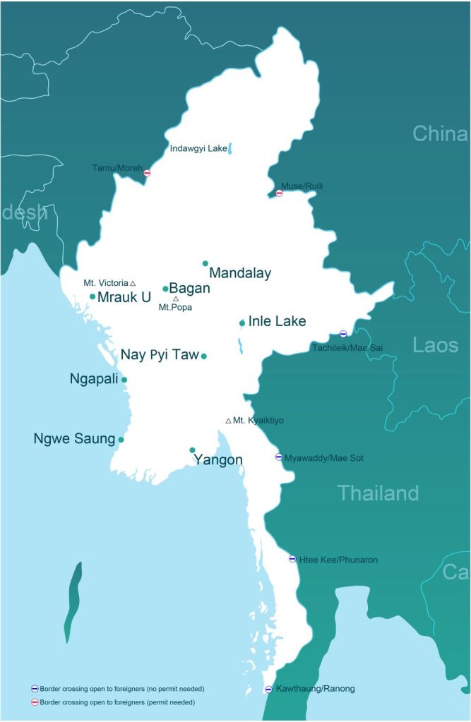 A map showing the legal border crossings between Thailand and Myanmar (click to enlarge)